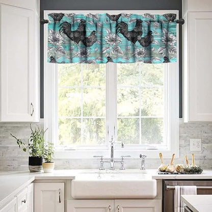 Rustic Farmhouse Chicken Valance Curtains, Retro Rooster Teal Blue Old Barn Door Farm Sunflower Small Short Window Curtain for Kitchen Dining Room Living Room, 54x18Inch - color: Chicken-8