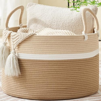 KAKAMAY Large Blanket Basket with Handles, Storage Basket for Living Room - color: White and Brown