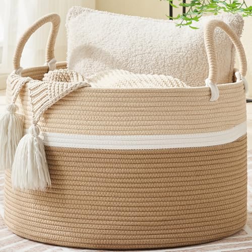 KAKAMAY Large Blanket Basket with Handles, Storage Basket for Living Room - color: White and Brown
