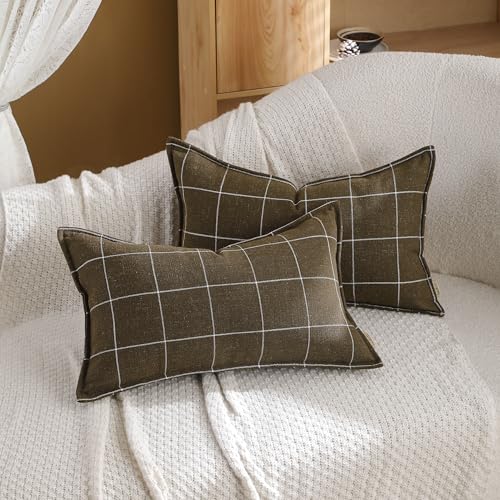 Pure Linen Plaid Throw Pillow Covers 12x20, Set of 2, Khaki - color: Khaki, size: 12x20inch