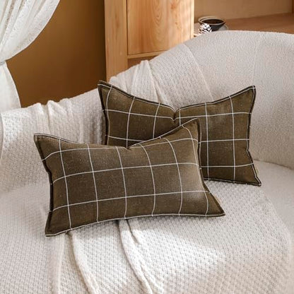 Pure Linen Plaid Throw Pillow Covers 12x20, Set of 2, Khaki - color: Khaki, size: 12x20inch