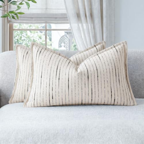 NUYECY Soft Chenille Decorative Throw Pillow Covers 12x20 Set of 2,Beige Neutral Couch Pillow Covers Striped Textured Farmhouse Pillowcases for Modern Home Decor Bed Sofa Living Room Bedroom - color: Beige, size: 20" x 12" (Pack of 2)