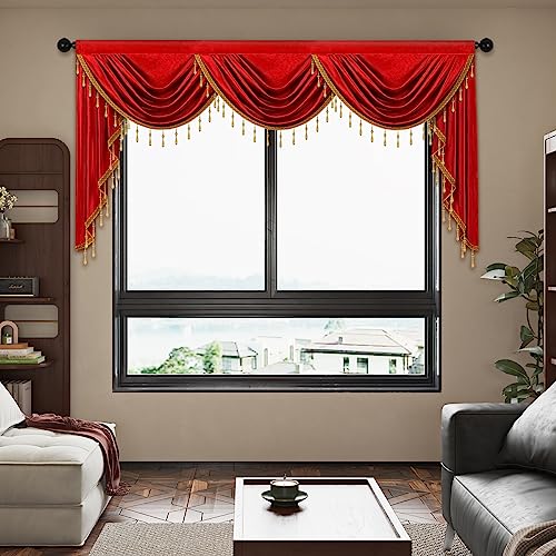 ELKCA Luxury Burgundy Red Velvet Curtain Valances for Living Room with Beads(79inch,1 Panel) - color: Burgundy Red, size: 79"W x 43"L (Pack of 1)
