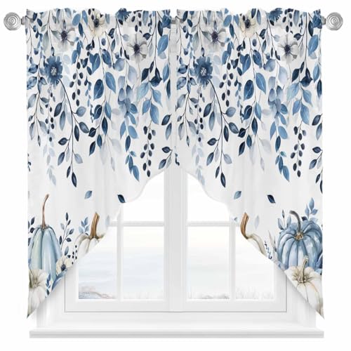 Blue Fall Pumpkin Swag Valances Kitchen Curtains 36 Inches Length,Thanksgiving White Eucalyptus Leaves Tier Drapes Swag Topper,Farmhouse Floral Short Window Treatment for Small Window 2 Panels 28"x36" - color: Blue White, size: 28"W x 36"L (Pack of 2)