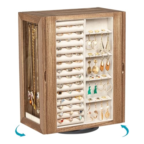 Emfogo 360° Rotating Jewelry Box for Women, Rustic Wooden Jewelry Organizer Box with 5 Drawers, Glass Doors, Vertical Open Design Jewelry Storage Case Display for Earrings Rings Necklaces Bracelets - color: Rustic Brown