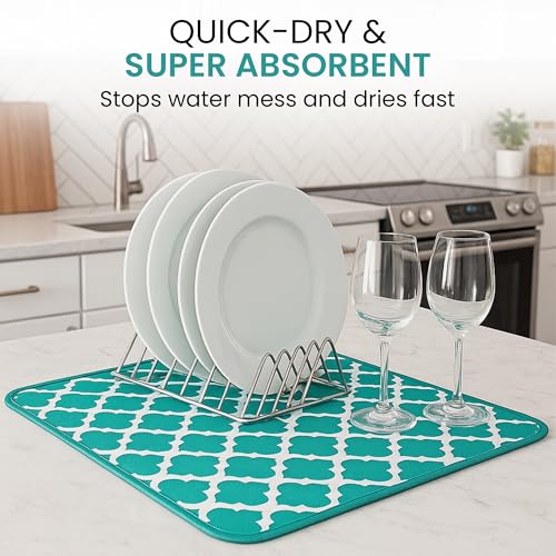 Dish Drying Mat for Kitchen Counter, Large 18 x 14 Absorbent Microfiber Pad - color: Teal Green Trellis
