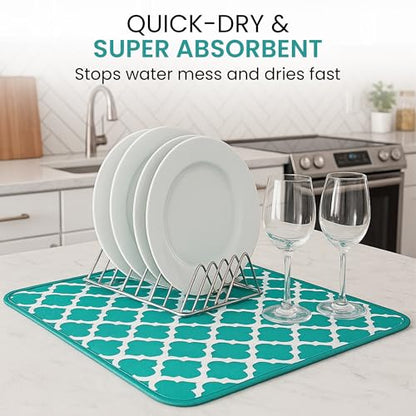Dish Drying Mat for Kitchen Counter, Large 18 x 14 Absorbent Microfiber Pad - color: Teal Green Trellis