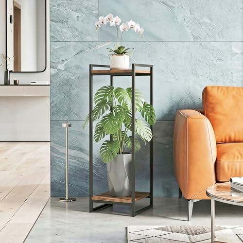 34" Tall Indoor Plant Stand, 2-Tier Flower Pot Rack, Rustic Brown