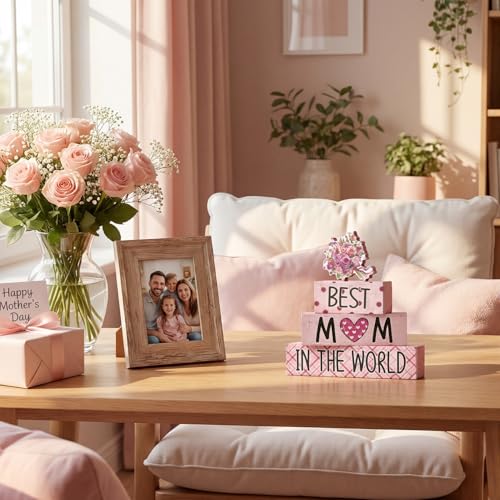 Smile 4 Pcs Mother's day Indoor Wooden Decor, Best Mom In the World Tiered Tray Farmhouse Table Decoration for Home and Office - style: Motherday