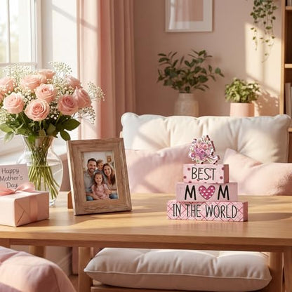 Smile 4 Pcs Mother's day Indoor Wooden Decor, Best Mom In the World Tiered Tray Farmhouse Table Decoration for Home and Office - style: Motherday