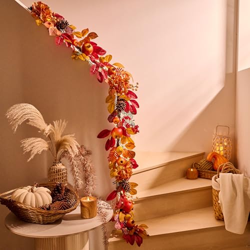 DecorbyHannah 6ft Fall Garland for Mantle with Lights & Leaves Pomegranate