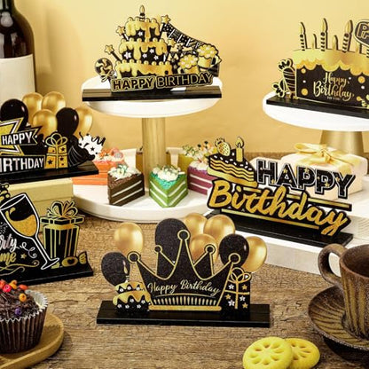 Leinuosen 6 Pcs Happy Birthday Table Centerpiece Black and Gold Sign - color: Black and Gold