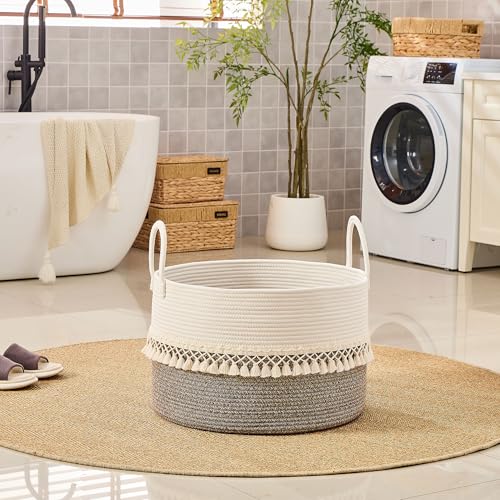 KAKAMAY Large Blanket Basket with Handles, Storage Basket for Living Room - color: Beige Fringe