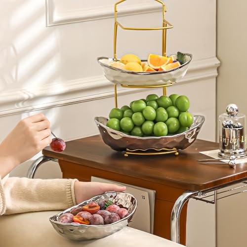 XUDREZ 2 Tier Fruit Bowl with Metal Stand, Ceramic, Gold - color: Gold, 2 Tier
