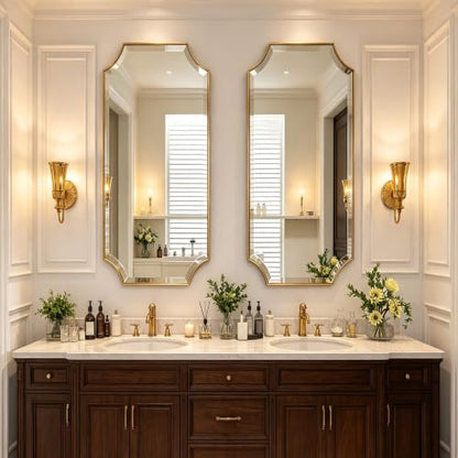 POZINO 48"x18" Premium Brushed Gold Rectangle Wall Mirror with Beveled Edge - color: Brushed Gold Scalloped, size: 48"L x 18"W