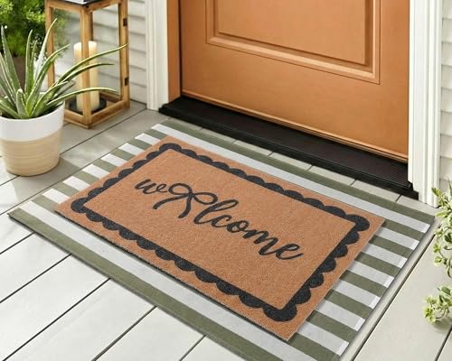 Tinideya 2 Pcs Green Welcome Layered Doormat Set Fall Front Porch Decor - color: Sage Green,black