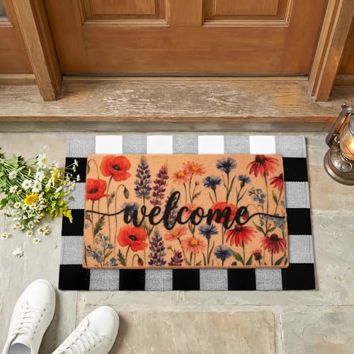 2-Piece Layered Welcome Mat Set - Coir Doormat & Buffalo Plaid Rug - color: Spring Floral 1