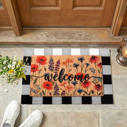 2-Piece Layered Welcome Mat Set - Coir Doormat & Buffalo Plaid Rug - color: Spring Floral 1
