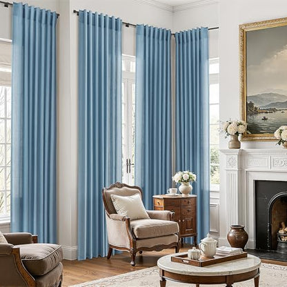 BOODII Linen Curtains 108 Inch Long 9ft for Living Room Blue 2 Panels - color: Blue, size: 52"W x 108"L (Pack of 2)