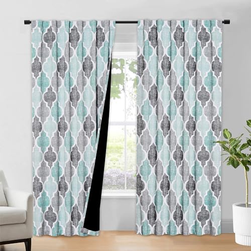 Beauoop Moroccan 100% Blackout Curtains Bedroom Aqua Grey 50x96 2 Panels - color: Rod Pocket | Aqua and Grey, size: 50"W x 96"L (Pack of 2)