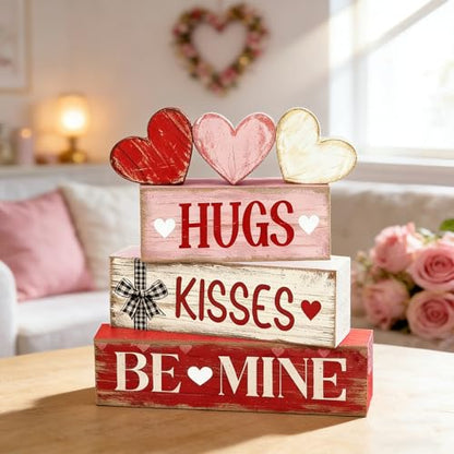 Valentines Day Decorations - Valentine Tiered Tray Decor Set - Wooden Table Decoration with Heart Signs - Rustic Farmhouse Valentine’s Day Home Decor Indoor for Shelf Mantel Coffee Table Gift - style: HUGS / KISSES