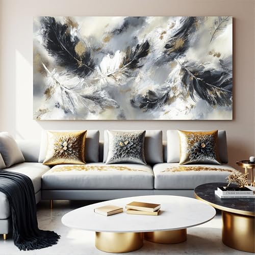 YISXINOAG Black White Abstract Wall Art Modern Feather Painting 29"X58" - color: black grey, size: 58"L x 29"W