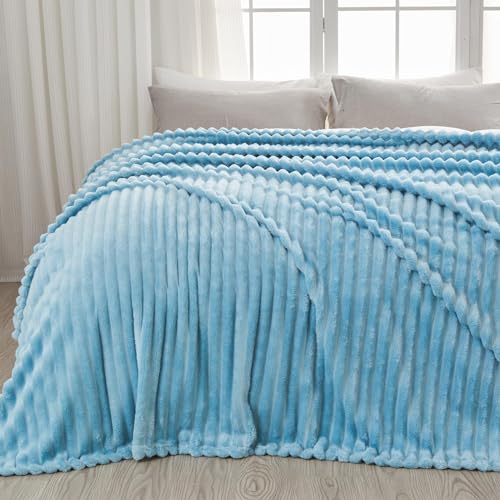 NEWCOSPLAY Fleece Ribbed Cozy King Blanket for Couch, Blue, 90"x110" - color: Blue Ribbed, size: King(90"x110")