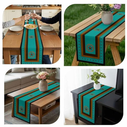 Western Texas Stars Retro Table Runner 36 Inches Long,Rustic Wheat Ears Blue Cotton Linen Table Runners Dresser Scarves,Farmhouse Fabric Tabletop Scarf Furniture Cover for Home Dinner Party 13"x36" - color: Blue Green, size: 13x36 Inches
