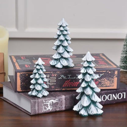 Resin Christmas Tree Figurines, 3pcs Snow-Dusted Tabletop Christmas Trees for Winter Decor, Rustic Christmas Table Decor, Holiday Table Centerpieces for Home, Shelf, Mantel (white-green)