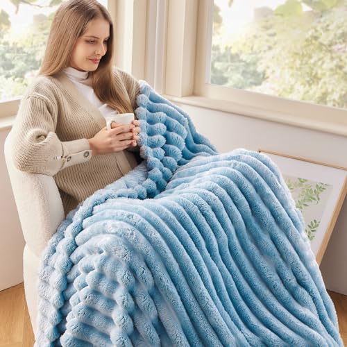 NEWCOSPLAY Fleece Ribbed Cozy Throw Blanket for Couch, Blue, 50"x60" - color: Blue Ribbed, size: Throw(50"x60")