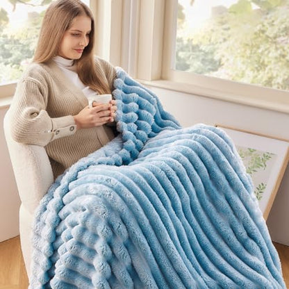 NEWCOSPLAY Fleece Ribbed Cozy Twin Blanket for Couch, Blue, 60"x80" - color: Blue Ribbed, size: Twin(60"x80")
