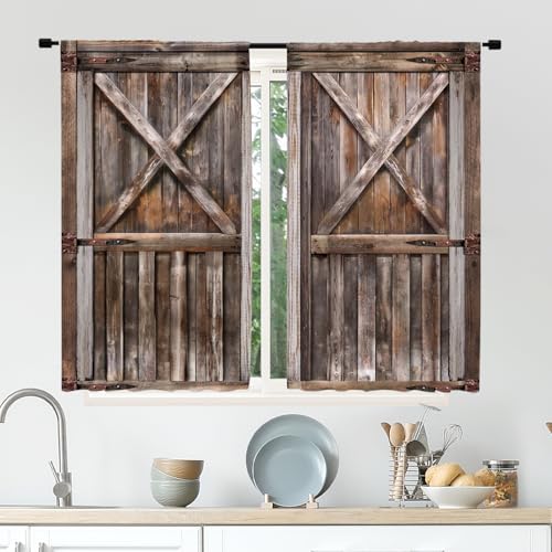 Wooden Rustic Barn Door Brown Wood Farmhouse Kitchen Curtains over Sink - color: E-brown, size: 27.5"W x 39"L (Pack of 2)