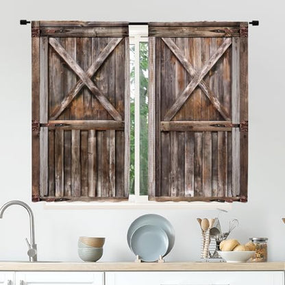 Wooden Rustic Barn Door Brown Wood Farmhouse Kitchen Curtains over Sink - color: E-brown, size: 27.5"W x 39"L (Pack of 2)