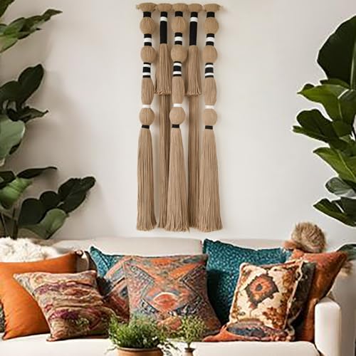 Macrame Wall Hanging Geometric Khaki Boho Fiber Craftsmanship 15.7"W*39"L - color: Khaki Black