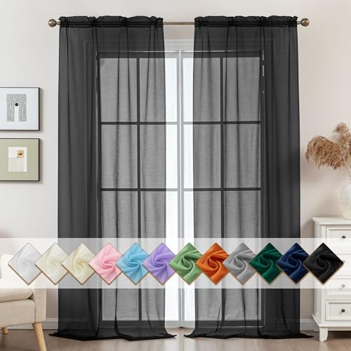 Black Sheer Curtains 108 Inches Extra Long Rod Pocket - color: Black, size: 42"W x 108"L (Pack of 2)