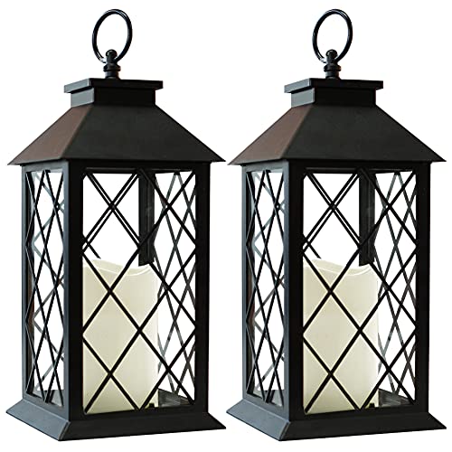 2-Pack 13.5" Vintage Candle Lantern with LED Pillar Candle (Black, 6hr Timer) - IP44 Waterproof Battery Powered Decorative Light - Outdoor Patio Hanging Lantern Decorative Tabletop Light - color: [ 2-pack ] Textured Black Lantern - White Candle