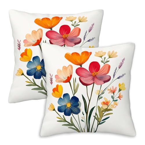 Firmiso Wildflower Botanical Throw Pillow Covers 18x18 Set of 2, Colorful Cottage Garden Decorative Cushion Covers, Floral Pillow Cases for Couch Sofa Bedroom Living Room Decor - color: Spring Floral