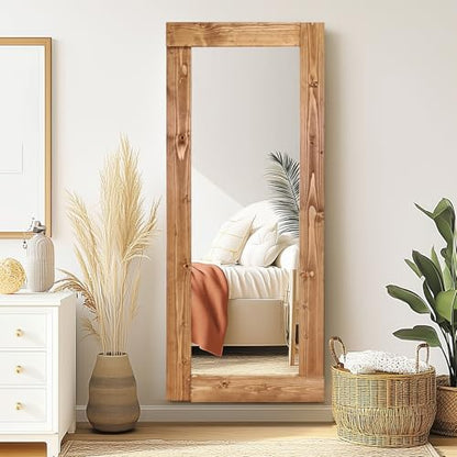 58x24in Full Length Mirror, Solid Wood Convex Frame, Light Brown - color: Light Brown-convex Frame, size: 58"L x 24"W