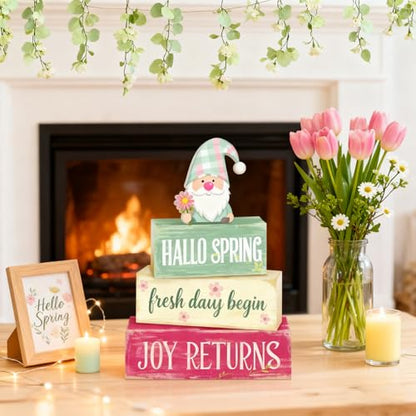 Spring Decoration Wooden Tiered Tray Decor – Rustic Hallo Spring Stacked Block Sign with Spring Gnome Topper – Farmhouse Tabletop Spring Decor for Living Room Shelf Kitchen Seasonal Home Display - style: Gnome