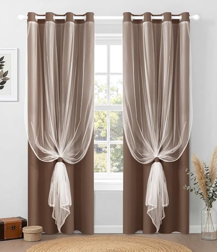 100% Blackout Curtains with Sheer Overlay, Brown, 52 x 84 inch, 2 Panels - color: Brown, size: 52"W x 84"L (Pack of 2)
