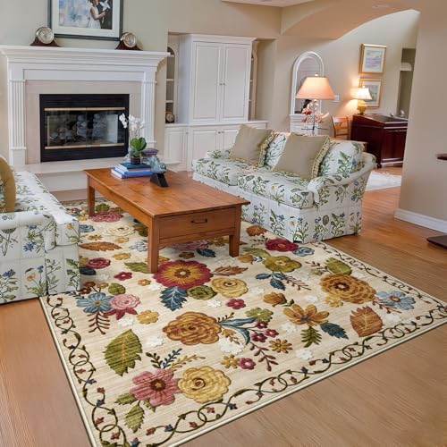 Washable 5x8 Area Rug, Beige Boho Floral Non-Slip for Living Room, Bedroom - color: Beige, Cream, Mustard, Brick Red and Blue, size: 5' x 8' (Rectangular)