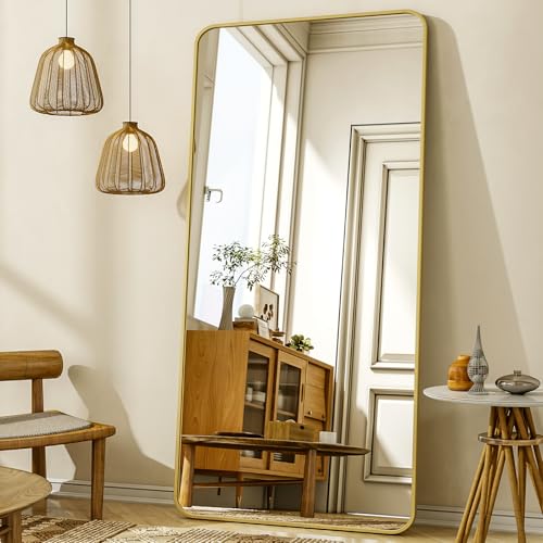 XRAMFY 76"x34" Floor Full Length Mirror Standing Full Body Rounded Corner Rectangle Mirrors with Stand Hanging Wall Mounted Leaning Bedroom Living Room Bedroom Cloakroom,Gold - color: Gold, size: 76"L x 34"W
