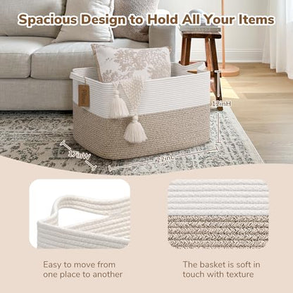 Goodpick 75L Extra Large Woven Rope Blanket Basket, Rectangle, Light Brown - color: Light Brown, size: 22"L x 17"W x 12"H