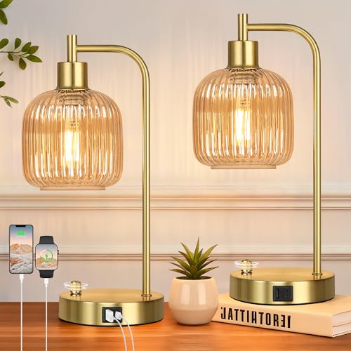 Champagne Glass Table Lamps Set of 2, Dimmable Bedside Lamps for Bedroom - color: Gold&‎Champagne