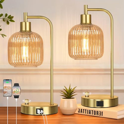 Champagne Glass Table Lamps Set of 2, Dimmable Bedside Lamps for Bedroom - color: Gold&‎Champagne