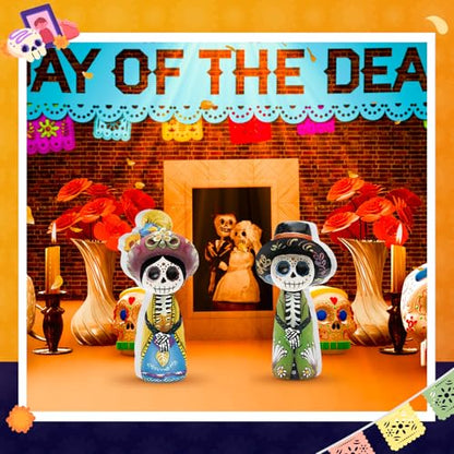 Yuntau 2 Pcs Day of The Dead Figurines Wooden Dia De Los Muertos Skull - style: Skeleton