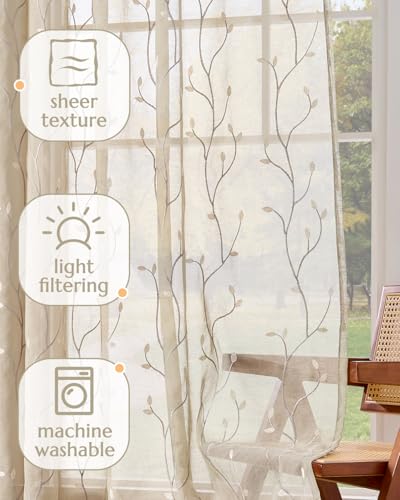jinchan Beige Leaf Voile Embroidered Curtains 84 Inch Back Tab 2 Panels - color: Vine Back Tab Beige, size: 55"W x 84"L (Pack of 2)
