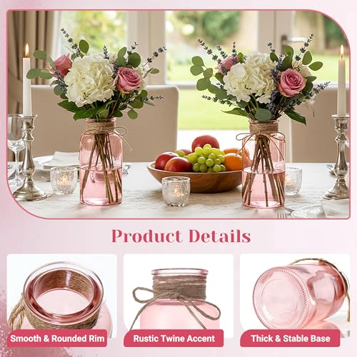 Mason Jar Glass Vases 6 Pack, Pink Flower Vase for Centerpieces - color: Pink