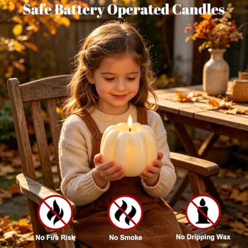 Wondise Fall Decorations Real Wax Pumpkin Candles with Remote Timer - color: 5-White