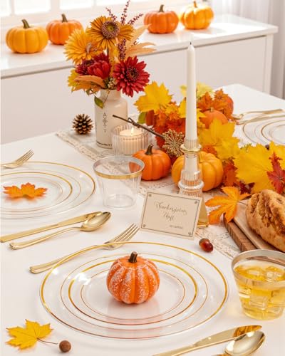 bUCLA 150Pcs Clear Gold Plastic Dinnerware Set - Clear and Gold Disposable Plates Include 25 Dinner / 25 Dessert Plates,25 Knives,25 Forks,25 Spoons,25 Cups for Party - color: Clear Gold